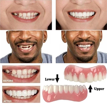 Os Dentes falsos de Silicone Superior Inferior Facetas Perfeito Rir Facetas Dentaduras Colar Falso Dentes Chaves para Dentária Higiene Oral Ferramentas