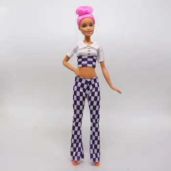Roxo Xadrez 1/6 Roupas de Boneca de Barbie Conjunto de Roupa para a Barbie Roupas de Crop Top Camisa Calças Calças De 11,5