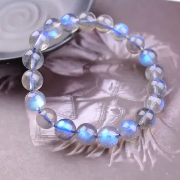 Natural Luz Azul Labradorite Rodada Perla o Bracelete Mulheres Homens 7mm 8mm 9mm 10mm 11mm Cinza Pedra Moonstone AAAAA
