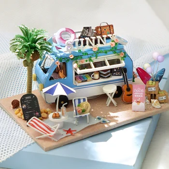 Novo DIY Mini Carro Oceano Loja de Casa de Madeira Casa de bonecas em Miniatura Construção de Kits de Casa de boneca Com Móveis, Luzes de Brinquedos para Meninas Presentes