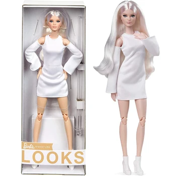 Barbie Original de Assinatura Parece Boneca Loira Totalmente Posable Boneca de Moda de vestido Branco, Vestido de Boneca Brinquedo para Meninas dom perfeito GXB28