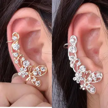 Moda unilateral Borboleta Flor strass orelha studs em Acessórios femininos ear cuff clipe de Mulheres