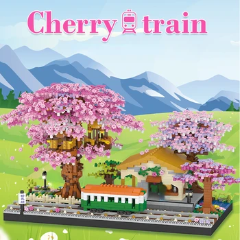 Luz Sakura Estação Ferroviária de Blocos de Modelo de Micro Blocos de Construção DIY Cidade de Cherry Street View Tijolos de Brinquedos de Natal para as Meninas de Presente