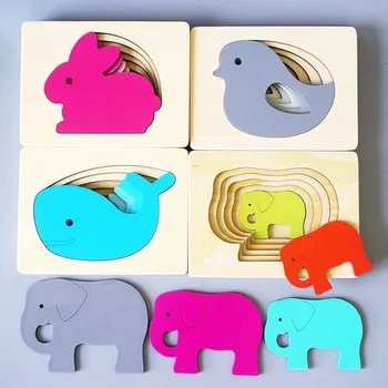 Crianças de 5 Camadas de Madeira de Brinquedo Quebra-cabeça 3D /Crianças, Animais de Multicamadas de Quebra-cabeça de Coelho Elefante Aves Baleia Montessori Brinquedo