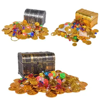 Crianças Caça ao Tesouro Caixa de moedas de pirata Caixa do Tesouro Galvanizados Retro Caixa de Plástico de Brinquedo Moedas de Ouro e Pirata Gemas Jóias