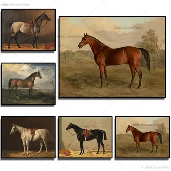 Vintage Cavalo Puro-sangue Cartaz Antigo Cavalo de Animais de Fazenda Pintura da Lona Imprime Cavalo de Imagens para a Sala de Decoração de Casa