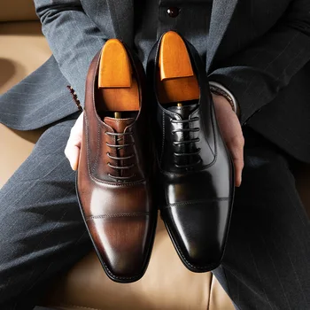 Nova Brown Homens De Oxford, Sapatos De Cabedal Preto De Cabeça Quadrada De Três Costura Clássica Empresarial Festa Casual Homens Sapatos