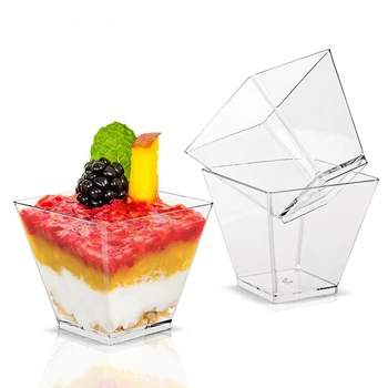 50pcs Plástico Descartável Sobremesa Taça Transparente de Alimentos Recipiente para sorvete de Mousse de Geléia Bandeja de Sobremesa Canecas Casa de festas