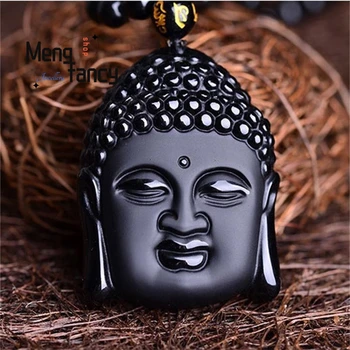 Natural De Obsidiana Buda Sakyamuni Cabeça Pendente Encantos De Moda, Amuleto Homens Mulheres Colar De Gravador De Jóias De Lembranças Presentes De Natal