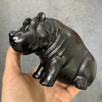 120mm Natural Preto Obsidian Hipopótamo Estatueta Colecionáveis Animal estátua Tabela para a Decoração Home