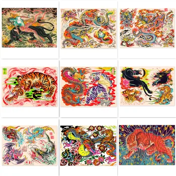 Vintage Impressão de Arte Adesivo Parede Decoração MuralDragon VS Tigre, Pantera Negra Tatuagem de Pôsteres e Impressões Japonês Ukiyo-e Arte de Pintura